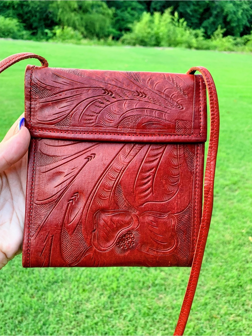 Leaders in Leather Hand-Tooled Boho Red Leather Crossbody Bag